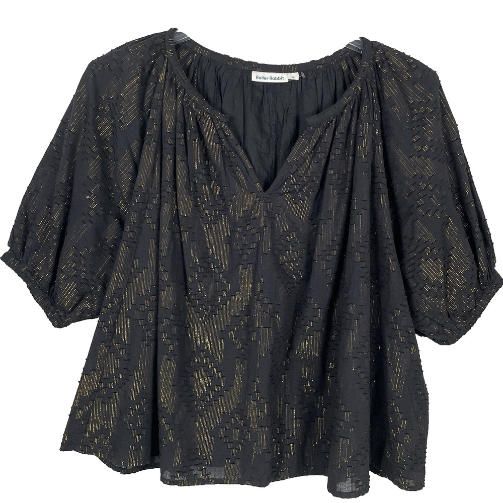 Roller Rabbit Alianne Top Size XL Black Copper Metallic Aztec Pattern Boho Lux